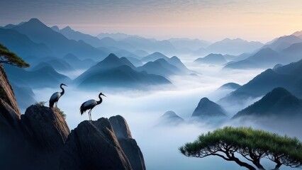 A serene landscape featuring two cranes standing on a rocky outcrop, gazing at each other.
