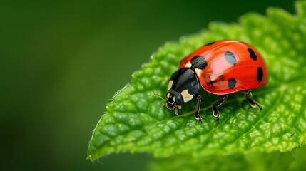 Obraz premium A Ladybug Perched on a Green Leaf