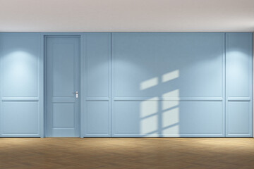 3d render of illustration minimal interior design wall mock up with window and profile panel. Wood parquet floor, light blue wall finish and white ceiling. Set 73