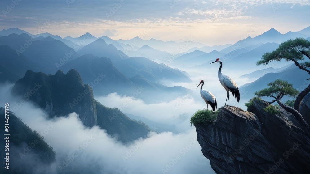 Canvas Prints A serene landscape featuring two cranes standing on a rocky outcrop, gazing at each other.