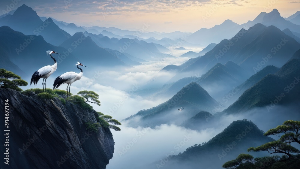 Canvas Prints A serene landscape featuring two cranes standing on a rocky outcrop, gazing at each other.