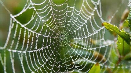 Naklejka premium Delicate Spiderweb Glistens With Dew Drops