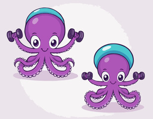Funny purple octopus with headband on head, doing exercise with dumbbells. Humanized marine animal. Cartoon vector icon 