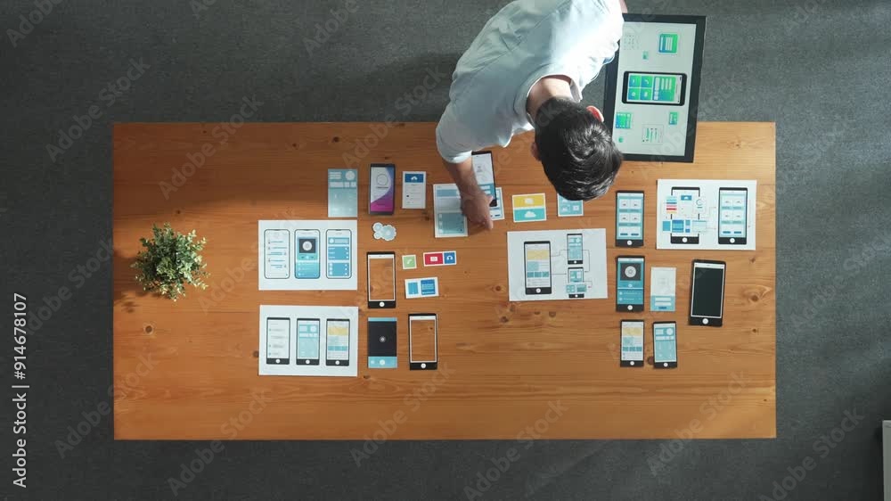 Fototapete Top down view of software developer holding tablet while choosing icon for mobile phone interface or software program. Start up manager using Ux Ui design to develop wireframe prototype. Convocation.