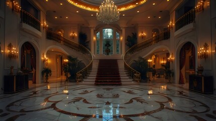 A large, ornate room with a chandelier and a staircase