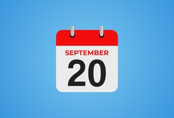 Icon calendar day. 20 September. 20th days of the month, illustration style. Date day of week Sunday, Monday, Tuesday, Wednesday, Thursday, Friday, Saturday.