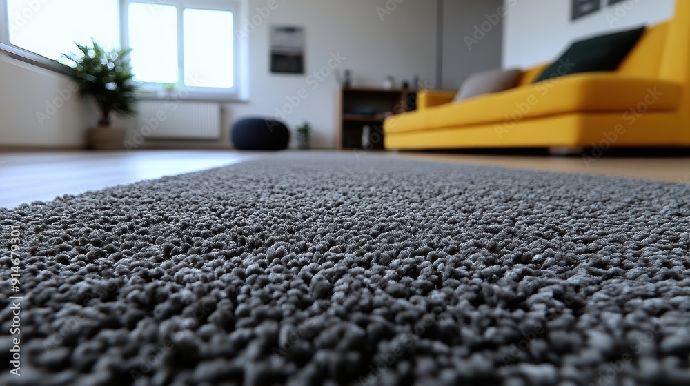 Sticker Cozy Living Room with Gray Carpet and Yellow Sofa