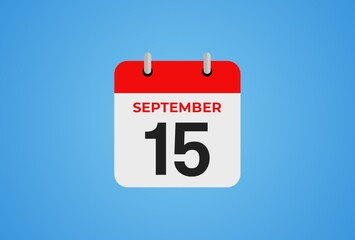 Icon calendar day. 15 September. 15th days of the month, illustration style. Date day of week Sunday, Monday, Tuesday, Wednesday, Thursday, Friday, Saturday.