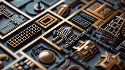 Fototapeta premium Abstract 3d illustration showing a city made of golden and metallic shapes, with a shallow depth of field
