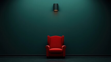 Minimalist Red Chair Against Dark Green Wall