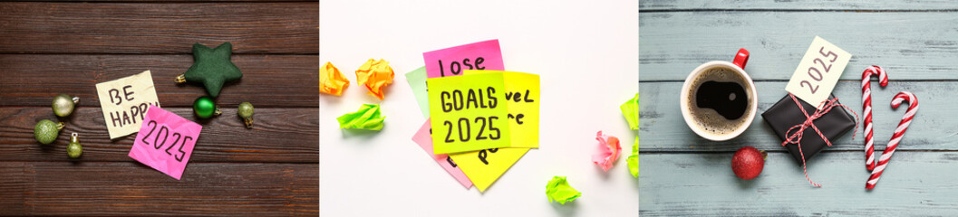 Collage with goals for year 2025 on color background