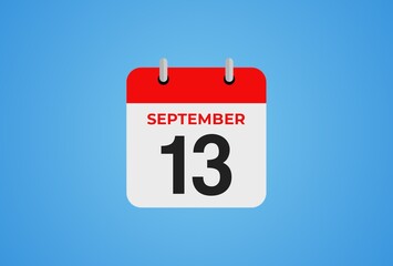 Icon calendar day. 13 September. 13th days of the month, illustration style. Date day of week Sunday, Monday, Tuesday, Wednesday, Thursday, Friday, Saturday.