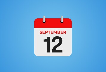 Icon calendar day. 12 September. 12th days of the month, illustration style. Date day of week Sunday, Monday, Tuesday, Wednesday, Thursday, Friday, Saturday.