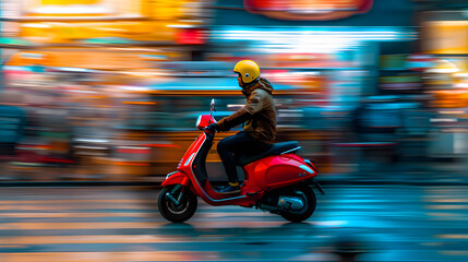 Obraz premium person on scooter, a person rides a red scooter through a bustling urban environment, Speed and Motion concept