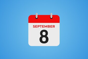 Icon calendar day. 8 September. 8th days of the month, illustration style. Date day of week Sunday, Monday, Tuesday, Wednesday, Thursday, Friday, Saturday.