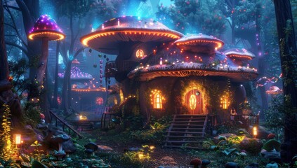 Obraz premium Enchanted Mushroom House in a Mystical Forest