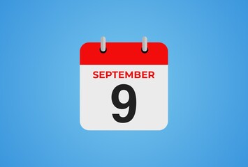 Icon calendar day. 9 September. 9th days of the month, illustration style. Date day of week Sunday, Monday, Tuesday, Wednesday, Thursday, Friday, Saturday.