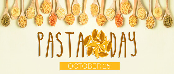 Wooden spoons with different raw tasty pasta on light beige background