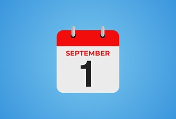 Icon calendar day. 1 September. 1th day of the month, illustration style. Date day of week Sunday, Monday, Tuesday, Wednesday, Thursday, Friday, Saturday.