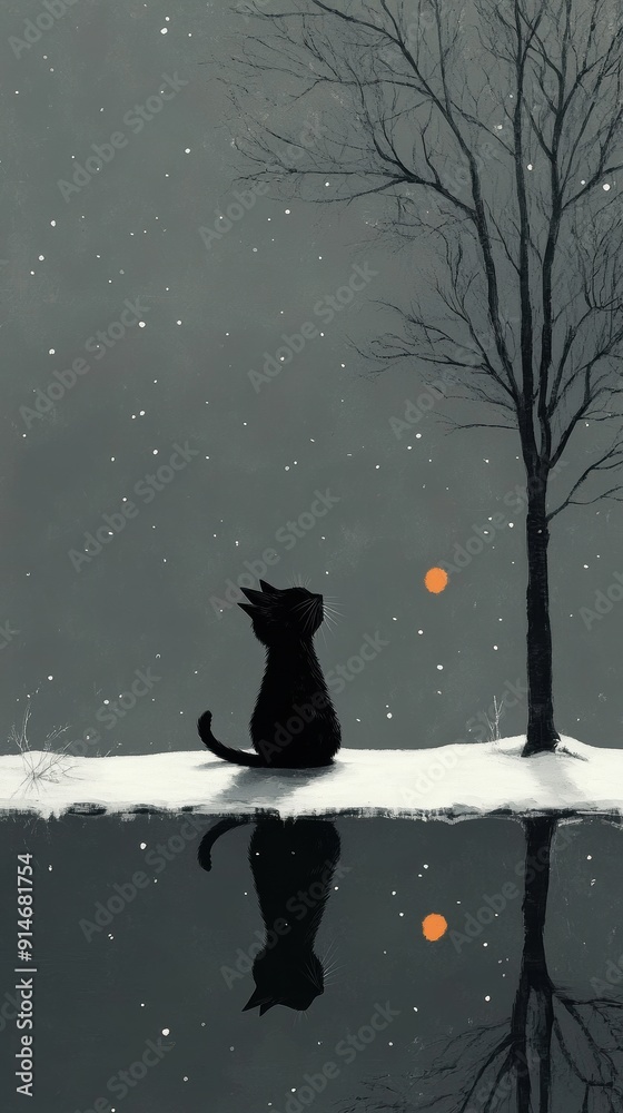 Sticker Silhouette of a Cat Observing a Dusk Sunset