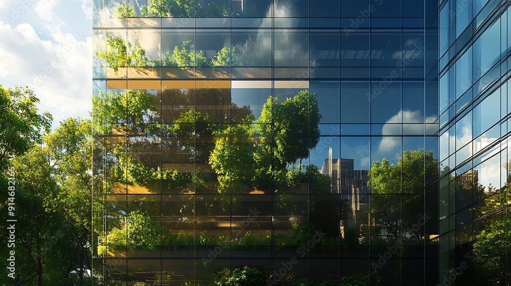 Poster sustainable glass office building with trees for reducing carbon dioxide ecofriendly building in mod