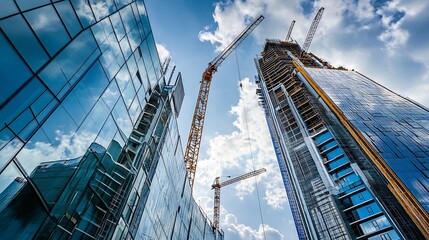 Fototapeta premium Low angle view of modern office building by construction site against sky in city : Generative AI