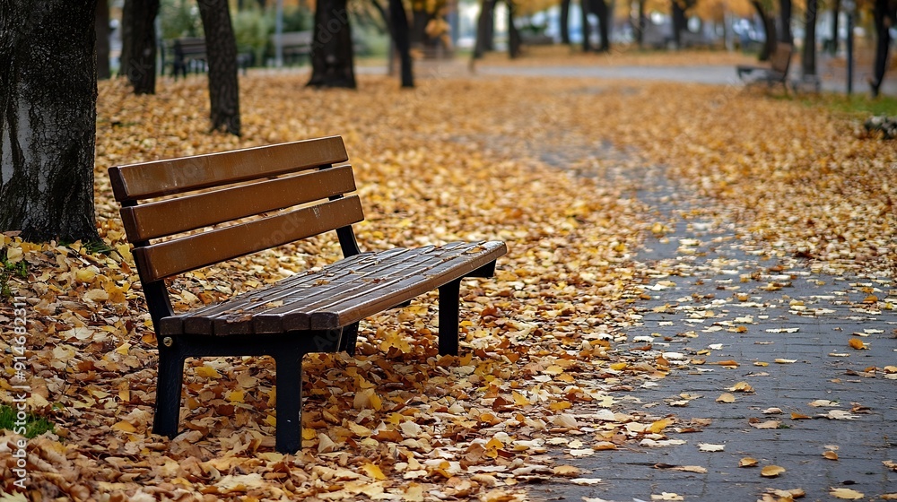 Poster bench in the park at the foot of the pedestrian path a park with fallen leaves in autumn : generativ
