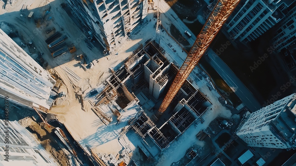 Aufkleber aerial drone shot of building construction finished with vfx city real estate development site trans