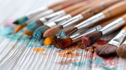 Obraz premium Various paint brushes with colorful tips are scattered on a surface with smudges of paint around them, depicting a messy yet creative art session in progress.