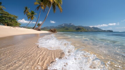 A picturesque tropical beach featuring leaning palm trees and clear, crystal waters, set against a backdrop of mountains and a clear blue sky, perfect for a tranquil retreat.