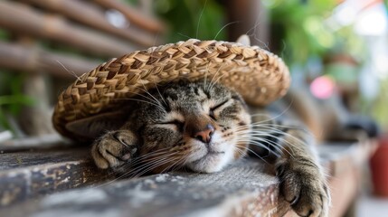 A peaceful image of a tabby cat asleep under a straw hat, stretched out on a wooden bench in a serene outdoor setting, embodying relaxation and contentment.