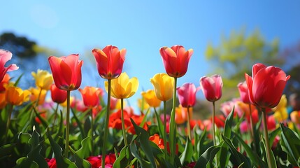 Fototapeta premium Colorful Tulips in a Sunny Meadow
