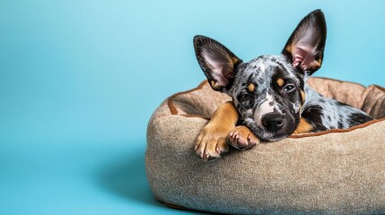 Obraz premium Puppy in dog bed on colored background Cute puppy dog taking a break with tired sad or bored expression Bedtime for the 9 week old blue heeler puppy or Australian cattle dog Selective : Generative AI