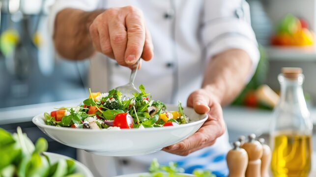 A chef meticulously garnishes a fresh and colorful salad with a variety of vegetables, demonstrating precise culinary techniques and the importance of presentation in the kitchen.