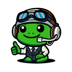 a green frog wearing a suit and headphones with the word  thumbs up  on it.