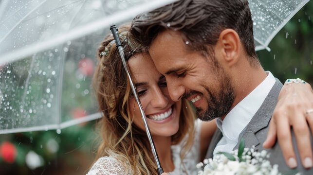 A joyful couple in wedding attire smile under an umbrella amidst rainy weather, capturing a tender moment that symbolizes love, happiness, and the beauty of shared life adventures.