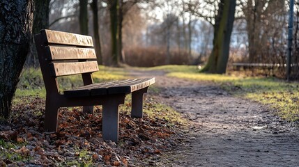 An empty wooden park bench at the edge of a path : Generative AI