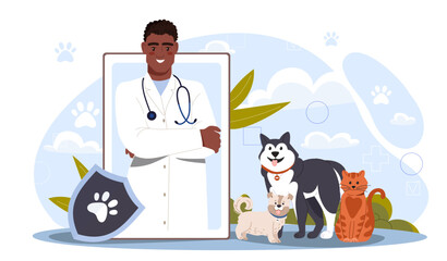 Fototapeta premium Veterinary doctor online. Man in medical uniform with stethoscope on smartphone screen next to dogs and cats. Diagnosis and treatment, consultation on internet. Flat vector illustration