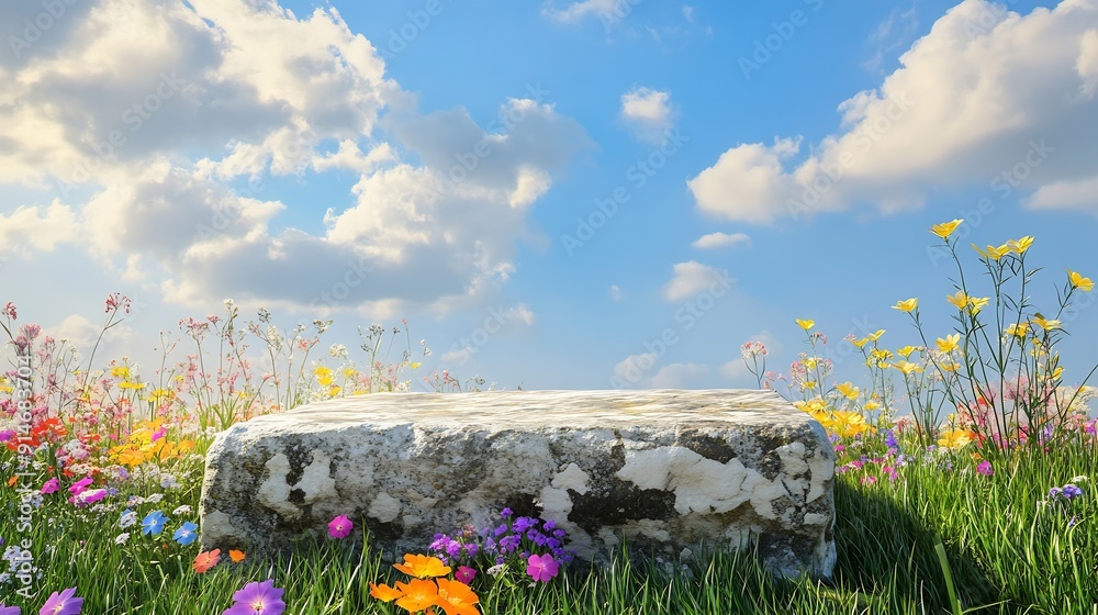 Poster abstact 3d render spring scene and natural background stone podium on the colorful flowers and grass