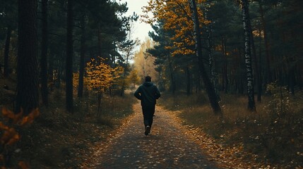 Fototapeta premium Running to a beautiful scenery with lit autumnal leaves in a dark pine forest : Generative AI