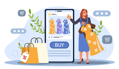 Woman with online shopping. Young girl with dress in hand near smartphone and shopping packages. Electronic commerce and home delivery. Cashless transfers and transactions. Flat vector illustration