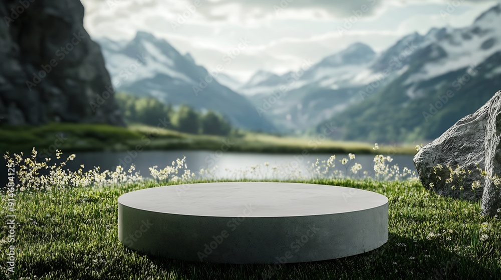 Poster Abstract 3d render platform and mockup natural background Stone podium on the grass field backdrop meadow mountain for product stand display advertising or etc : Generative AI