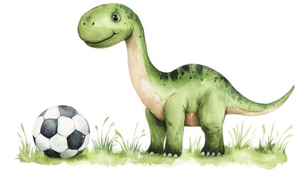 Fototapeta premium Watercolor of a playful and energetic brontosaurus dinosaur with a colorful soccer ball isolated on a white background Whimsical and fun prehistoric animal sports scene