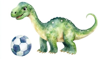 Obraz premium Whimsical and Colorful Watercolor of a Playful Brontosaurus Dinosaur Happily Playing with a Soccer Ball on a White Background