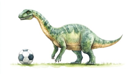 Obraz premium Playful Brontosaurus Dinosaur with Soccer Ball in Vibrant Watercolor on White Background Whimsical Childlike and Adventurous Digital Art