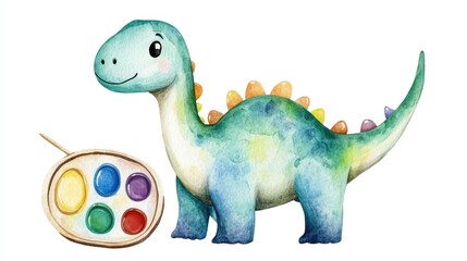 Naklejka premium Playful and Whimsical Watercolor of a Brontosaurus Dinosaur Holding a Paint Palette Showcasing Creativity and Imagination on a Clean White Background