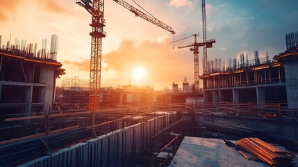 Construction technology banner background Construction site with cranes fittings and concrete : Generative AI