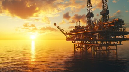 Obraz premium A huge yellow of offshore oil rig drilling platform in the gulf in sunset Process platform for production oil and gasPetroleum production and exploration industrial RC8 Platform : Generative AI