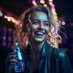 Woman With Curly Blonde Hair Holds Bottle In Front Of City Lights At Night