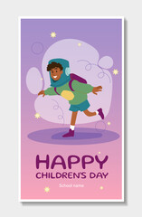 World childrens day poster. Boy with backpack and helmet. Child imagines himself as astronaut. Imagination and fantasy. International holiday and festival. Flat vector illustration